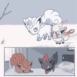alolan_form alolan_vulpix animated blinking blue_eyes bright_pupils brown_eyes closed_mouth commentary curtains diving gen_1_pokemon gen_5_pokemon gen_7_pokemon hisuian_zorua jumping mikripkm nintendo no_humans on_bed pillow pokemon pokemon_(creature) smile snow symbol-only_commentary tagme video vulpix white_pupils zorua