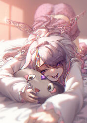 Rule 34 | 1girl, arupaoka, commentary, highres, hololive, hololive english, indoors, koseki bijou, metal wings, on bed, open mouth, pebble (koseki bijou), pink shorts, polka dot, polka dot shorts, purple nails, shirt, shorts, sleepwear, teeth, top-down bottom-up, virtual youtuber, white shirt