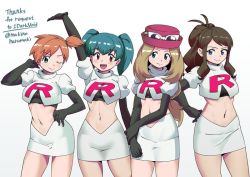 4girls antenna_hair arm_up artist_name black_gloves brown_hair closed_mouth commentary_request cosplay cropped_jacket duplica_(pokemon) elbow_gloves eyewear_on_headwear game_freak gloves green_hair hand_on_own_hip hat hilda_(pokemon) jacket jessie_(pokemon) jessie_(pokemon)_(cosplay) logo long_hair makino_harumaki midriff misty_(pokemon) multiple_girls navel nintendo one_eye_closed orange_hair pokemon pokemon_(anime) pokemon_(classic_anime) pokemon_bw pokemon_xy purple_headwear serena_(pokemon) short_hair side_ponytail sidelocks simple_background skirt smile sunglasses team_rocket team_rocket_uniform twintails white_background white_jacket white_skirt