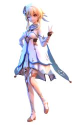 1girl 3d bare_shoulders blonde_hair bracer breasts cleavage dress flower full_body genshin_impact hair_flower hair_ornament highres lumine_(genshin_impact) sidelocks sleeveless sleeveless_dress solo theadorableoshawott thighhighs transparent_background white_thighhighs yellow_eyes