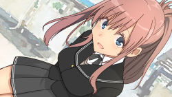 Rule 34 | 1girl, amagami, arms behind back, breasts, brown hair, commentary request, hair between eyes, highres, itou shizuka, kantai collection, kibito high school uniform, large breasts, masukuza j, morishima haruka, pleated skirt, ponytail, ribbon, saratoga (kancolle), school uniform, voice actor connection, side ponytail, skirt, smokestack, solo