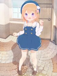 Rule 34 | 1girl, 22m, absurdres, beret, blue dress, blue hat, blush, breath, brown shoes, commentary request, dress, flower, full body, gochuumon wa usagi desu ka?, hair flower, hair ornament, hairclip, hat, highres, hoto cocoa, long sleeves, open mouth, orange hair, outdoors, pee, peeing, peeing self, purple eyes, shadow, shoes, short hair, socks, solo, standing, white sleeves, white socks