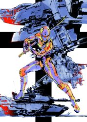 Rule 34 | 1boy, absurdres, aircraft, armor, attack helicopter, cyborg, faceplate, fighting stance, gray fox, helicopter, helmet, highres, holding, holding sword, holding weapon, katana, male focus, metal gear (robot), metal gear (series), metal gear solid, military vehicle, motor vehicle, ninja, official art, one-eyed, power suit, reverse grip, science fiction, shinkawa youji, solo, sword, tank, weapon