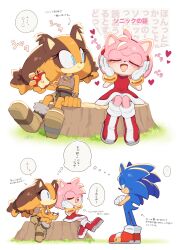 1boy 217_shion_407 2girls amy_rose animal_ears apple blue_eyes blue_fur boots brown_boots brown_fur crossed_arms dress food fruit furry furry_female furry_male gloves heart highres holding holding_food holding_fruit looking_at_another multiple_girls multiple_views open_mouth pink_fur red_boots red_dress red_shoes shoes sitting sonic_(series) sonic_the_hedgehog speech_bubble standing sticks_the_badger tail thought_bubble translation_request white_gloves