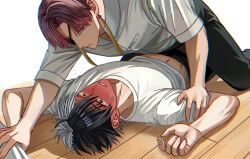 2boys black_hair black_pants blush earrings eyepatch grey_eyes grey_hair heterochromia hyohls2_(hamao3o) jewelry lying male_focus multicolored_hair multiple_boys navel open_clothes open_shirt pants red_eyes red_hair sakura_haruka_(wind_breaker) shirt short_hair short_sleeves split-color_hair stomach suo_hayato two-tone_hair white_shirt wind_breaker_(nii_satoru) yaoi yellow_eyes