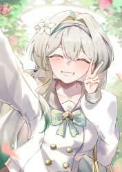 Rule 34 | 1girl, blush, bow, bowtie, buttons, closed eyes, collared shirt, double-breasted, elphe, firefly (honkai: star rail), firefly (spring missive) (honkai: star rail), flower, green bow, green bowtie, grey hair, grey sailor collar, hair between eyes, hair flower, hair intakes, hair ornament, hair tubes, highres, honkai: star rail, honkai (series), long hair, open mouth, plaid bow, plaid bowtie, plaid clothes, sailor collar, selfie, shirt, smile, solo, teeth, v, white shirt