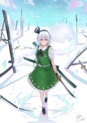 Rule 34 | 1girl, black bow, black bowtie, black hairband, black ribbon, black shoes, blue eyes, blue sky, bow, bowtie, full body, green skirt, green vest, grey hair, hair ribbon, hairband, highres, holding, holding sword, holding weapon, konpaku youmu, konpaku youmu (ghost), luke (kyeftss), petals, pink petals, planted, planted sword, planted weapon, ribbon, scabbard, sheath, shirt, shoes, short sleeves, signature, skirt, sky, snow, socks, solo, sword, touhou, vest, walking, weapon, white shirt, white socks