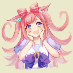 1girl agnes_digital_(umamusume) animal_ears blue_eyes blush bow hair_bow hands_on_own_face horse_ears horse_girl long_hair mirimo open_mouth pink_hair puffy_short_sleeves puffy_sleeves purple_bow purple_shirt red_bow sailor_collar saliva school_uniform shirt short_sleeves signature simple_background solo tracen_school_uniform two_side_up umamusume upper_body very_long_hair white_sailor_collar yellow_background