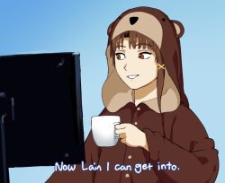 1girl animal_costume asymmetrical_hair bear_costume blue_background blue_outline brown_eyes cup english_text giganticbuddha gradient_background hair_ornament hairclip holding holding_cup iwakura_lain looking_at_object meme monitor outline paul_rudd serial_experiments_lain short_hair single_sidelock subtitled tim_and_eric_awesome_show,_great_job! tim_and_eric_awesome_show_great_job! x_hair_ornament