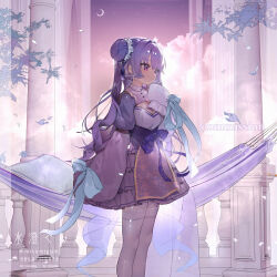 1girl artist_name blue_bow bow breasts cleavage cleavage_cutout clothing_cutout commission crescent_moon expressionless from_side hair_bun hair_intakes hair_ornament hammock hand_up highres leaf long_hair long_sleeves looking_ahead misumigumi moon night night_sky original purple_eyes purple_hair purple_sky skeb_commission sky sleeves_past_fingers sleeves_past_wrists solo standing tassel tassel_hair_ornament