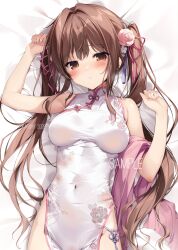 1girl aomi_maika_(karory) artist_name bed_sheet blush breasts brown_eyes brown_hair china_dress chinese_clothes commentary_request covered_navel dated dress fingernails flower hair_flower hair_ornament hands_up highres karory long_hair looking_at_viewer lying medium_breasts on_back original parted_lips pink_flower sample_watermark sleeveless sleeveless_dress solo tassel tassel_hair_ornament twintails very_long_hair watermark white_dress
