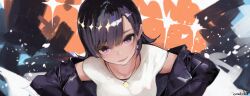 Rule 34 | 1girl, absurdres, black hair, highres, jacket, jewelry, looking at viewer, medalist (manga), necklace, off shoulder, okazaki iruka, osatou (piropiro open), parted lips, purple eyes, shirt, signature, smile, solo, white shirt