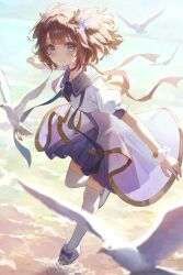 1girl amamiya_akari_(amamiya_1007) animal_ears ankle_boots antlers backlighting beach bird bloom blue_eyes blush boots breasts brown_hair center-flap_bangs commentary deer_antlers deer_ears dress film_grain full_body hair_ornament hands_up highres horns indie_utaite kano_(utaite) looking_at_viewer medium_dress medium_hair puffy_short_sleeves puffy_sleeves purple_dress red_ribbon ribbon scrunchie seagull see-through_clothes short_sleeves small_breasts smile soaking_feet split_mouth standing standing_on_one_leg star_(symbol) star_hair_ornament tassel thighhighs two-tone_dress white_boots white_dress white_thighhighs wrist_scrunchie