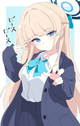 Rule 34 | 1girl, aqua bow, aqua bowtie, blonde hair, blue archive, blue background, blue eyes, blue hair, blue halo, blue jacket, blue skirt, blush, border, bow, bowtie, collared shirt, commentary request, cowboy shot, dress shirt, hair intakes, halo, hayoo ww, highres, jacket, long hair, long sleeves, looking at viewer, multicolored hair, open clothes, open jacket, outline, outside border, pleated skirt, pout, shirt, simple background, single sidelock, skirt, solo, streaked hair, toki (blue archive), toki (school uniform) (blue archive), translation request, white border, white outline