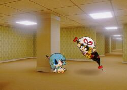 2girls :d backrooms_(creepypasta) blonde_hair blue_eyes blue_hair bow ceiling commentary english_commentary full_body gap_(touhou) hat hat_bow heterochromia highres indoors liminal_space long_hair looking_at_another mob_cap multiple_girls open_mouth powerpuff_girls powerpuff_girls_(style) purple_umbrella red_eyes short_hair sitting sleepymoon smile tatara_kogasa tile_ceiling tiles touhou umbrella white_hat yakumo_yukari yellow_eyes