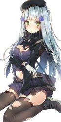 1girl absurdres bad_id bad_twitter_id beret between_legs black_skirt black_thighhighs blunt_bangs blush breasts cleavage closed_mouth facial_tattoo female_focus girls&#039;_frontline gloves green_eyes hair_ornament hairclip hand_between_legs hat highres hk416_(girls&#039;_frontline) kneeling kurut kurutsu long_hair looking_at_viewer medium_breasts miniskirt navel pleated_skirt shoes silver_hair simple_background sitting skirt sneakers solo tattoo teardrop thighhighs thighs torn_clothes torn_thighhighs wariza white_background white_gloves