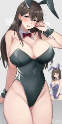 2girls animal_ears bare_legs black_hair black_leotard bow bowtie breasts brown_eyes commentary_request covered_navel cowboy_shot detached_collar highres large_breasts leotard long_hair mobu multiple_girls original playboy_bunny rabbit_ears rabbit_tail red_bow red_bowtie short_hair solo_focus tail wrist_cuffs