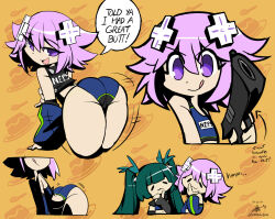 2girls :3 :q =_= artist_name ass bent_over bouncing_ass commentary d-pad d-pad_hair_ornament dated detached_sleeves english_commentary english_text fingerless_gloves from_behind gloves green_hair gun hair_ornament highres holding holding_gun holding_weapon long_hair looking_back multiple_girls multiple_views neptune_(neptunia) neptune_(series) police police_uniform policewoman purple_eyes qingyi_(zenless_zone_zero) short_hair signature soundog-2031 tongue tongue_out twintails weapon zenless_zone_zero