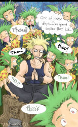 annoyed biting blonde_hair fang final_fantasy final_fantasy_vi fourth_wall gau glasses green_hair sabin_rene_figaro smoking_pipe speech_bubble thought_bubble