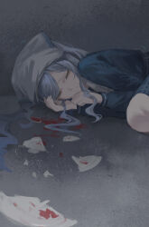 absurdres airool bang_dream! bang_dream!_it&#039;s_mygo!!!!! blue_hair blue_shirt blue_skirt broken_plate chinese_commentary clenched_hand closed_eyes closed_mouth commentary_request facing_viewer frown grey_headscarf hair_spread_out half-closed_eyes hand_on_own_face hands_up headscarf highres indoors ketchup knee_up long_sidelocks looking_to_the_side lying mcdonald&#039;s on_floor on_side parted_bangs plaid_clothes plaid_skirt plate school_uniform shirt sidelocks sideways_glance skirt togawa_sakiko tsukinomori_school_uniform upper_body yellow_eyes