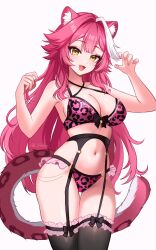 1girl :3 absurdres aki_hoshino animal_ears animal_print artist_name bare_shoulders bikini black_bow black_garter_belt black_thighhighs blush bow breasts claw_pose cleavage collarbone commentary eyeshadow fang fingernails frilled_bikini frills garter_belt hair_intakes heart heart_o-ring highres hololive hololive_english large_breasts leopard_print leopard_print_bikini long_hair looking_at_viewer makeup multicolored_hair nail_polish navel o-ring o-ring_bikini open_mouth panther_ears panther_girl panther_tail pink_bikini pink_eyeshadow pink_hair pink_nails raora_panthera simple_background skin_fang smile solo streaked_hair swimsuit tail thigh_bow thighhighs thighs virtual_youtuber white_background white_hair yellow_eyes