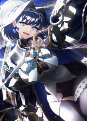 1girl :d black_gloves black_shirt black_skirt black_thighhighs blue_bow blue_eyes blue_hair bow bow_earrings breasts chain chain_headband cleavage_cutout clothing_cutout commentary commentary_request cropped_shirt earrings english_commentary fangs gloves hair_intakes half-skirt highres holding holding_weapon hololive hololive_english jewelry large_breasts looking_at_viewer miniskirt mixed-language_commentary open_mouth ouro_kronii ouro_kronii_(1st_costume) partial_commentary paulandcookie pinstripe_pattern pinstripe_shirt pinstripe_skirt romaji_commentary shirt skirt smile solo thighhighs tongue underboob virtual_youtuber weapon white_shirt zipper