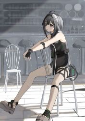 1girl ahoge arknights bar_stool bare_arms bare_shoulders black_feathers black_gloves black_hair black_leotard blush commentary_request feather_hair_ornament feathers fingerless_gloves gloves grey_eyes grey_sandals hair_between_eyes hair_intakes hair_ornament hairband hairclip highres indoors la_pluma_(arknights) leotard mikeneko90 mouth_hold on_chair sandals single_glove sitting sitting_backwards solo stool white_hairband wooden_floor