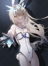 Rule 34 | 1girl, animal ears, az (zero glvimayhop), bare shoulders, black background, black gloves, breastless clothes, breastless leotard, code: battle seraph (elsword), cowboy shot, detached collar, elsword, eve (elsword), fake animal ears, fake tail, flat chest, gloves, grey hair, highres, leotard, long hair, looking at viewer, mark under both eyes, playboy bunny, rabbit ears, rabbit tail, shadow, simple background, solo, tail, white leotard, wrist cuffs, yellow eyes