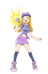 1girl absurdres aura blonde_hair breasts commission digimon digimon_frontier digivice flashing glowing hat highres long_hair mainkore mankor navel orimoto_izumi skirt solo third-party_edit