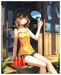 1girl 2gong_(9ujin_) ahoge bare_arms bare_shoulders black_hair blue_shorts border bow breasts brown_eyes camisole commentary_request day electric_fan food fruit hair_bow hair_ornament hand_fan holding holding_fan hot long_hair looking_at_viewer low_twintails medium_breasts mouth_hold original paper_fan popsicle shirt short_shorts shorts sitting sleeveless sleeveless_shirt solo spaghetti_strap strap_slip summer sunlight sweat thighs twintails veranda watermelon watermelon_slice white_border wind_chime x_hair_ornament yellow_shirt