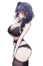 1girl alternate_costume black_bra black_hair black_panties black_thighhighs blue_eyes blush bra braid breasts cleavage hair_intakes highres hololive hololive_english huge_breasts lace lace-trimmed_bra lace-trimmed_panties lace_trim large_breasts long_hair low_twin_braids miyuchiq ouro_kronii panties simple_background solo thighhighs twin_braids underwear virtual_youtuber white_background