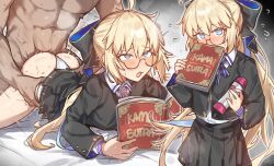1boy 1girl absurdres aesc_(fate) black_bow black_skirt blonde_hair blue_eyes book bow clothed_female_nude_male collared_shirt commentary dildo fate/grand_order fate_(series) glasses hair_bow hetero highres holding holding_sex_toy long_hair multiple_views nude open_book pleated_skirt ponytail radishkek round_eyewear school_uniform sex sex_from_behind sex_toy shirt skirt very_long_hair white_shirt