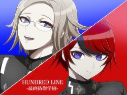 2boys aotsuki_eito black_hair blue_background blue_eyes close-up closed_mouth english_text glasses highres japanese_text last_defense_academy_school_uniform multicolored_eyes multicolored_hair multiple_boys open_mouth pink_eyes purple_eyes red_background red_hair sumino_takumi teeth the_hundred_line_-last_defense_academy- tongue upper_body white_hair