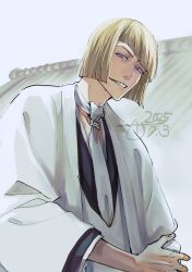 1boy ai_(ai1470) bleach blonde_hair blunt_bangs bob_cut closed_mouth dated highres hirako_shinji japanese_clothes long_sleeves looking_at_viewer male_focus short_hair signature solo teeth upper_body