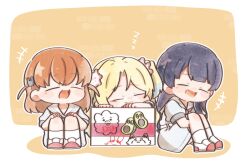 +++ 3girls :d :t blonde_hair blue_hair border box cardboard_box cheek_press chibi chibi_only closed_eyes colored_tips commentary_request curtained_hair drawing_(object) dress flower full_body gentaro_(g_teall) hair_flower hair_ornament hands_on_own_knees hasu_no_sanrenka hasu_no_sora_school_uniform highres hinoshita_kaho hugging_own_legs knees_up link!_like!_love_live! long_hair love_live! medium_dress medium_hair multicolored_hair multiple_girls murano_sayaka neckerchief open_mouth osawa_rurino osawa_rurino&#039;s_cardboard_box pink_flower puffy_short_sleeves puffy_sleeves rabbit_hair_ornament red_neckerchief red_shoes sailor_collar sailor_dress school_uniform shoes short_sleeves sitting smile socks summer_uniform twintails two_side_up uwabaki virtual_youtuber white_border white_sailor_collar white_socks yellow_background zzz