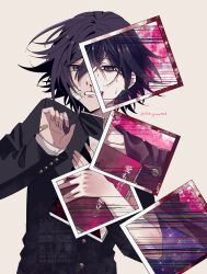 1boy absurdres bandaid bandaid_on_cheek bandaid_on_face bandaid_on_hand blood blood_from_mouth buttons collared_jacket danganronpa_(series) danganronpa_v3:_killing_harmony flipped_hair gakuran grey_background hair_between_eyes highres jacket long_sleeves looking_at_viewer male_focus moti_gome0023 nosebleed oma_kokichi pink_blood purple_eyes purple_hair scared school_uniform short_hair simple_background solo twitter_username upper_body watermark