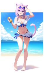1girl absurdres ahoge animal_ears bare_shoulders beach bikini bird blue_sky blush breasts can cat_ears cat_girl cat_tail cleavage cloud cloudy_sky day eyewear_on_head fang fingernails full_body glint highres holding holding_can hololive inca_kola large_breasts looking_at_viewer medium_hair mountainous_horizon navel nekomata_okayu ocean open_mouth outdoors purple-tinted_eyewear purple_eyes purple_hair purple_tail sand seagull sky smile solo standing stomach sunglasses swimsuit tail thighs tinted_eyewear virtual_youtuber white_bikini yellow-framed_eyewear yisusjpl