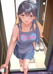 1girl ahoge anniversary apron barefoot black_hair blue_apron blue_hair blue_skirt breasts brown_eyes collarbone commentary_request dangan_kurabu doorway hair_between_eyes highres indoors kantai_collection long_hair multicolored_hair open_mouth school_uniform shirt shoes sidelocks signature skirt slippers smile solo standing two-tone_hair unworn_shoes ushio_(kancolle) white_shoes