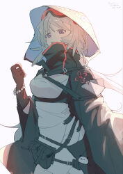 Rule 34 | 1girl, :o, absurdres, arknights, backlighting, belt, belt pouch, black coat, black gloves, bloom, blue eyes, blush, bracelet, breasts, character name, charm (object), coat, commentary, dated, dress, english commentary, feather hair, gloves, goggles, goggles on head, grey hair, hair between eyes, high collar, highres, hood, hooded coat, jewelry, long hair, long sleeves, looking at viewer, medium breasts, mulberry (arknights), multiple belts, parted lips, pearl bracelet, pouch, pppmepl, red-tinted eyewear, signature, sketch, ski goggles, solo, tinted eyewear, upper body, white background, white dress