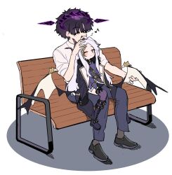 Rule 34 | 1boy, 1girl, ^ ^, absurdres, ahoge, belt, bench, black belt, black coat, black footwear, black gloves, black hair, black necktie, black socks, blue archive, boots, business casual, closed eyes, coat, coat on shoulders, collared shirt, commentary request, demon girl, demon horns, demon wings, forehead, fur-trimmed coat, fur trim, gloves, grey pants, hair ornament, hair ribbon, hairclip, half updo, halo, headpat, highres, hina (blue archive), horns, je o mo, knee boots, long hair, long sleeves, looking at another, military uniform, musical note, necktie, on bench, one eye closed, open clothes, open coat, pants, park bench, parted bangs, pencil skirt, purple eyes, purple thighhighs, ribbon, sam browne belt, sensei (blue archive), shirt, shoes, side slit, sidelocks, simple background, sitting, sitting on lap, sitting on person, size difference, skirt, sleeves rolled up, socks, thighhighs, wavy hair, white background, white hair, white shirt, wings, zettai ryouiki