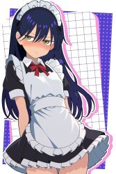 1girl apron black_dress black_hair blush border commentary_request cowboy_shot dress gundam gundam_gquuuuuux highres long_hair maid maid_headdress nyaan_(gundam_gquuuuuux) odorukaminoke simple_background solo white_apron white_border yellow_eyes