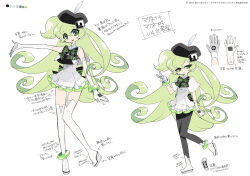 2girls akatsuki_gomoku anklet apple_inc. back_bow beret black_pantyhose boots bow bracelet breasts capelet child color_guide commentary commentary_request copyright_notice dress elbow_gloves frilled_dress frills full_body gloves green_anklet green_eyes green_hair hat headphones highres jewelry layered_dress leg_up long_hair macintosh macne_nana macne_nana_petit macne_series multiple_girls official_art one_side_up pantyhose partial_commentary platform_boots reference_sheet second-party_source short_dress sleeveless smile thigh_boots v vocaloid wedge_heels white_boots white_dress white_gloves