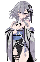 1girl absurdres artist_name bare_shoulders breasts cleavage closed_mouth commentary earrings english_commentary finger_to_mouth furrowed_brow grey_eyes grey_hair grey_kimono hair_between_eyes hair_ornament highres hololive hololive_indonesia ibenq_turbo japanese_clothes jewelry kimono large_breasts long_sleeves looking_at_viewer obi off_shoulder pelvic_curtain sash short_hair short_hair_with_long_locks shushing simple_background solo standing tassel tassel_earrings teasing thigh_strap vestia_zeta vestia_zeta_(new_year) virtual_youtuber white_background wide_sleeves