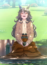 1girl animal_ears belt blanket bottle brown_bag cup dated facing_up grass grey_hair hair_between_eyes holding holding_cup horse_ears horse_girl jewelry long_hair multicolored_hair necklace open_mouth outdoors sitting solo streaked_hair sweater takuzui thick_eyebrows twitter_username umamusume water_bottle wavy_hair wonder_acute_(umamusume)