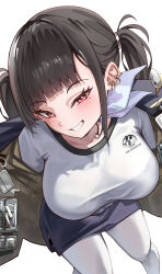 1girl absurdres black_hair black_skirt breasts goddess_of_victory:_nikke highres jacket large_breasts looking_at_viewer mahoro_(minase_mahoro) open_clothes open_jacket opened_by_self pantyhose red_eyes shirt simple_background single_earphone skirt smile solo sora_(nikke) twintails white_background white_pantyhose white_shirt wireless_earphones