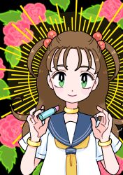 Rule 34 | 1girl, black background, bracelet, brown hair, closed mouth, cosmetics, flower, fujishima moyu, gold bracelet, gold necklace, green eyes, hair bobbles, hair ornament, highres, holding, holding lipstick tube, jewelry, lipstick tube, long hair, looking at viewer, neckerchief, necklace, original, pink flower, sailor collar, school uniform, shirt, signature, smile, solo, t-shirt, upper body, very long hair, white shirt, yellow neckerchief