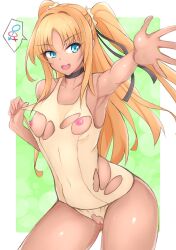 ... 00s 1girl alternate_costume bare_legs bare_shoulders blonde_hair blue_eyes breasts breasts_out cameltoe covered_navel curvy dark-skinned_female dark_skin female_focus fingernails futaba_lili_ramses haidrocsid hair_ribbon happy hetero highres long_hair looking_at_viewer nipples official_alternate_costume one-piece_swimsuit open_mouth presenting pussy pussy_juice reaching reaching_towards_viewer ribbon shiny_skin small_breasts solo spoken_ellipsis standing swimsuit tentacle_and_witches torn_clothes torn_swimsuit twintails two-tone_background white_one-piece_swimsuit wide_hips