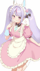 1girl alternate_costume animal_ears apron blush closed_mouth cream cream_on_face dress earrings fake_animal_ears food food_on_face frilled_apron frilled_dress frills hair_ornament heart heart_hair_ornament highres jewelry koishi_(kiwi0314) looking_at_viewer maid maid_headdress multicolored_hair pink_dress pink_eyes pink_hair purple_hair shirt simple_background solo streaked_hair thick_eyebrows tongue tongue_out tosaki_mimi twintails two-tone_hair virtual_youtuber vspo! waist_apron white_apron white_background white_shirt