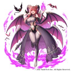 1girl anklet bare_shoulders breasts clothing_cutout demon_girl demon_wings full_body gloves heterochromia horns jewelry large_breasts long_hair looking_at_viewer mahjong_hime navel navel_cutout official_art oni open_mouth red_hair red_nails smile solo stomach suraimu_(suraimuraimu) thighs tiara wings yellow_eyes