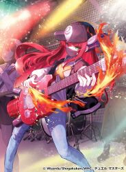 Rule 34 | 1girl, baseball cap, black hat, black jacket, black mask, copyright notice, denim, dqn (dqnww), dragon musume ni naritakunai!, drum, drum set, duel masters, fire, green eyes, guitar, hair ornament, harusaki eiku, hat, holding, holding guitar, holding instrument, instrument, jacket, jeans, letterman jacket, long hair, music, official art, pants, playing instrument, print shirt, red hair, shirt, stage, stage lights, very long hair, white shirt